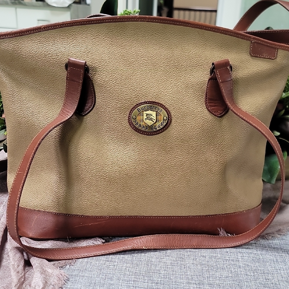 Burberry Tan and Brown Tote Bag with Leather Accents